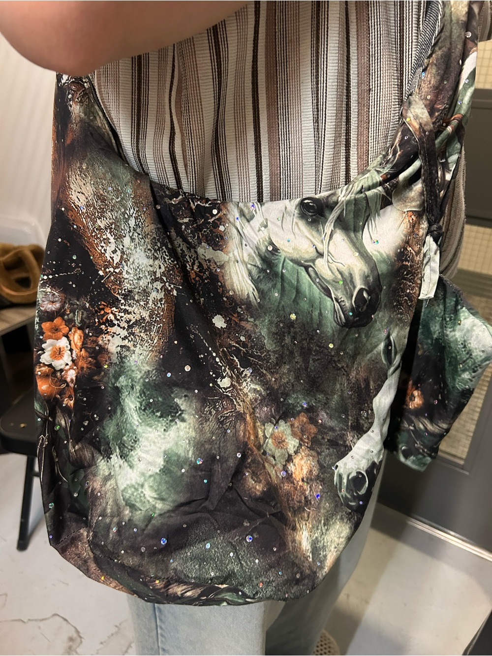Stylish Horse-Print hippy sequin / wallet insert shiny crossbody shoulder bag
